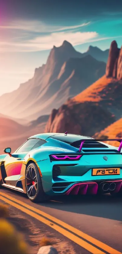 Vibrant sports car driving on scenic mountain road at sunset.