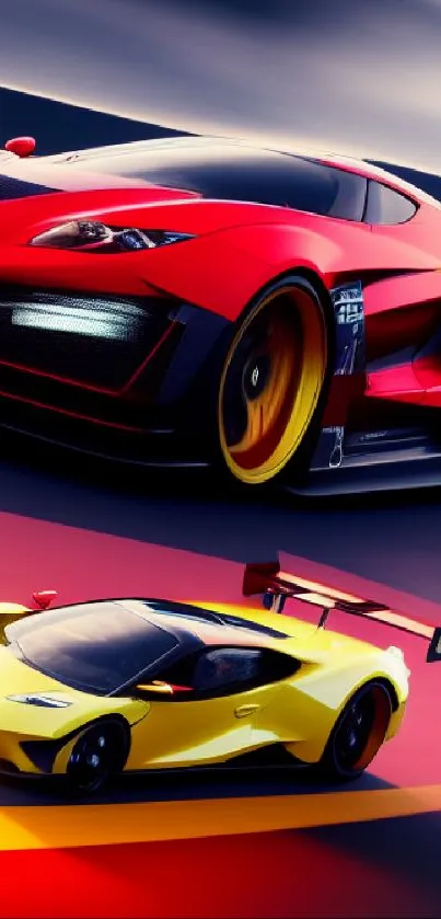 Vibrant red and yellow sports cars racing on a sleek road.