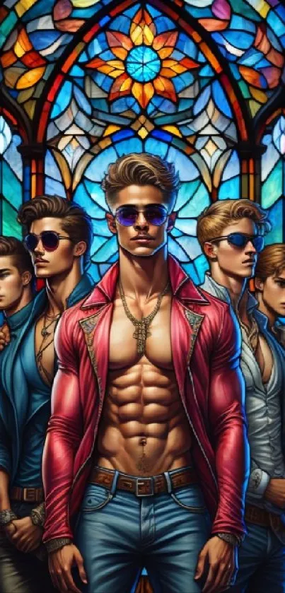 Stylish men in sunglasses with stained glass background.