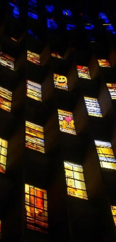 Vivid stained glass windows in a geometric pattern glow with warm colors.