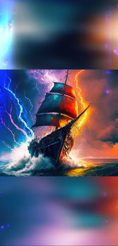 Vivid phone wallpaper featuring a ship in a lightning storm on the ocean.