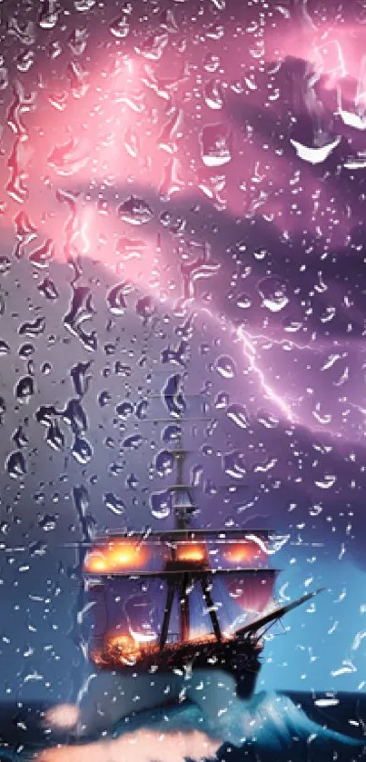 Ship sails through storm with vivid lightning and raindrops.