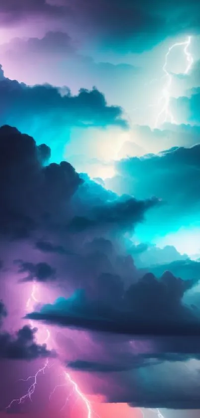 Vivid lightning storm over ocean with purple and turquoise clouds.