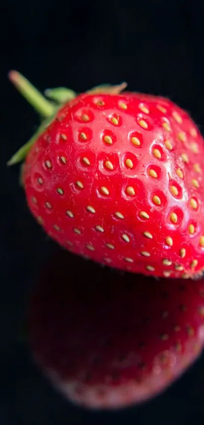 Bright red strawberry on a reflective dark background with vivid colors.