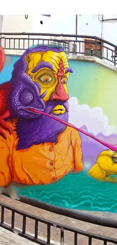 Colorful street art mural with surreal design.