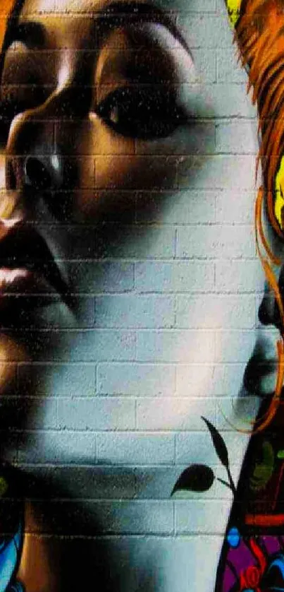 Vivid graffiti-style portrait on brick wall showcasing urban art.