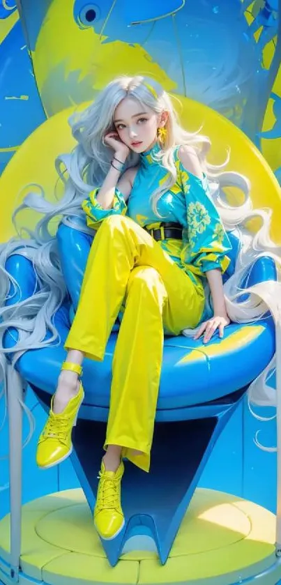 Stylish character sitting in a vibrant chair with long flowing hair.