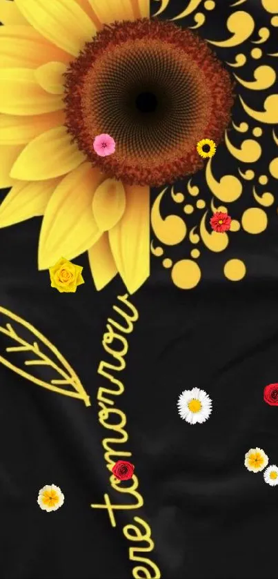 Vibrant sunflower design with inspirational message on black background.