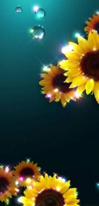 Vivid sunflowers sparkle on teal background, creating a stunning mobile wallpaper.