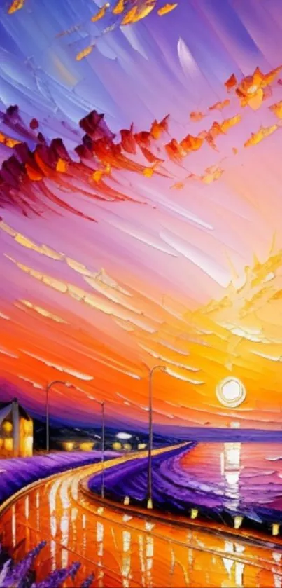 Vivid abstract sunset art with orange and purple hues.