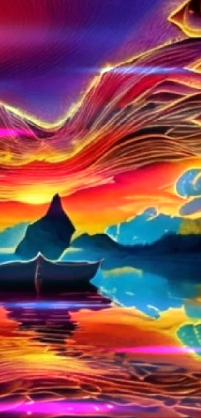 Vivid sunset over a calm lake with psychedelic sky patterns.