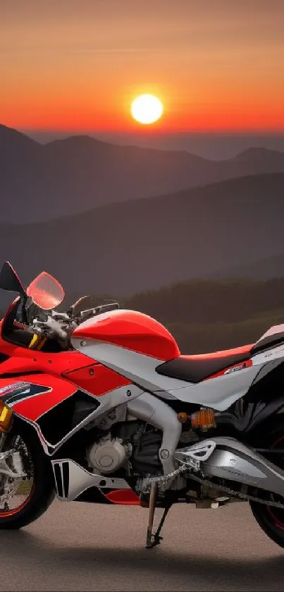 Motorcycle overlooking a vibrant sunset with mountainous background.