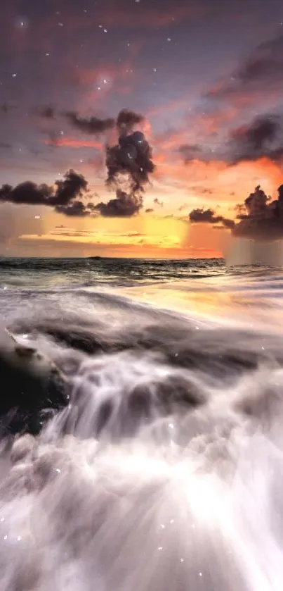 Vivid sunset over ocean with dramatic clouds and waves.