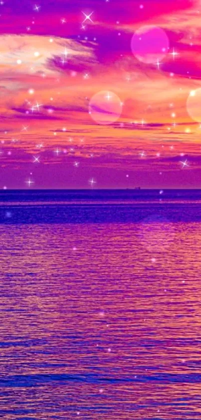 Vivid ocean sunset with purple and pink hues, sparkling stars above.