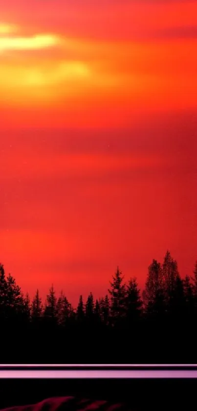 Vibrant sunset view through a window with forest silhouettes.