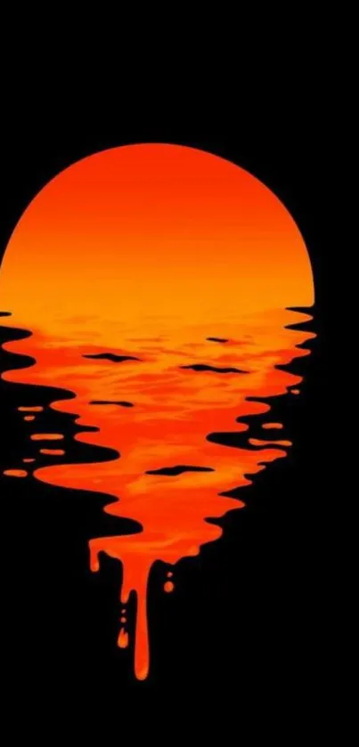 Vivid orange sunset reflecting in calm waters on black background.