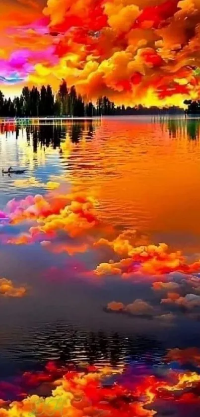 Vivid sunset reflection over calm waters with colorful clouds.