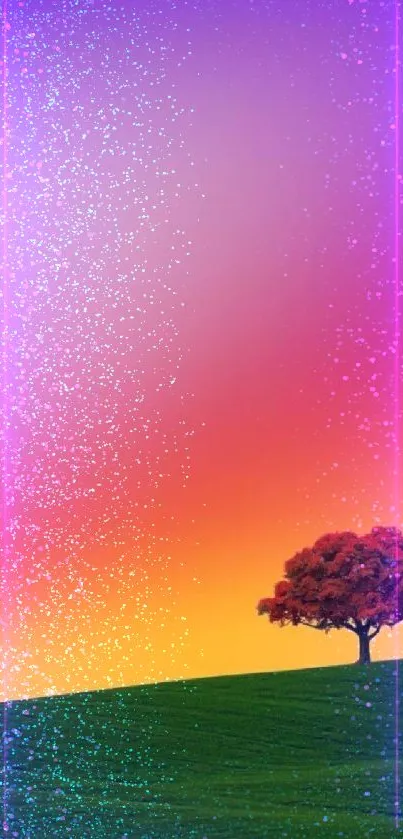 Vibrant sunset wallpaper with a lone tree and gradient sky.