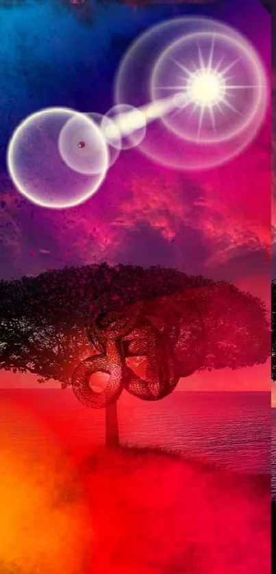 Vivid sunset tree with surreal colors and mystical elements in background.