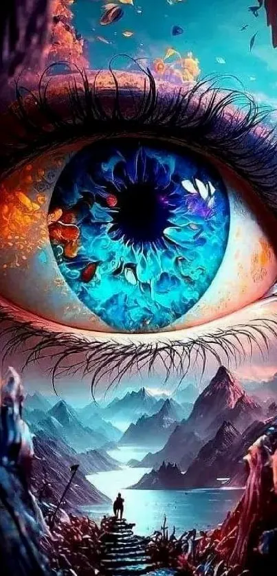 Surreal artwork featuring a detailed eye with a fantasy landscape.