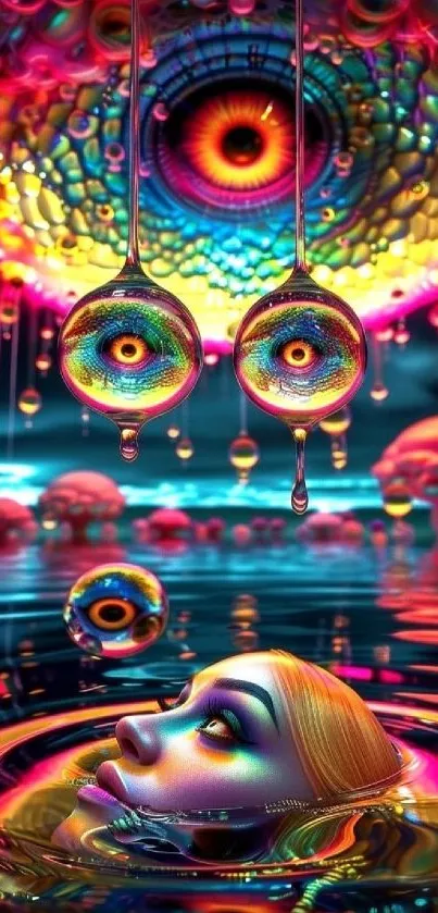 Surreal mobile wallpaper with vibrant eye design.