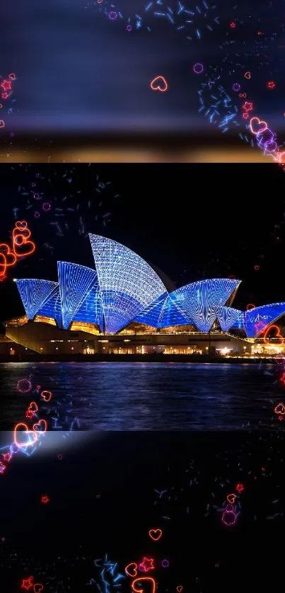 Sydney Opera House at night with vibrant blue lights and heart patterns.