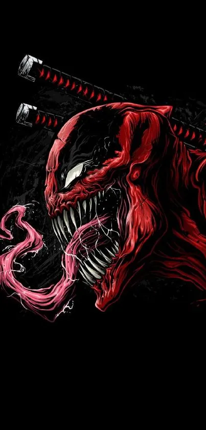 Vivid red symbiote with swords on a black background.