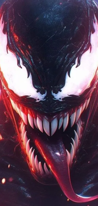 Symbiote with black and red hues, fierce expression.