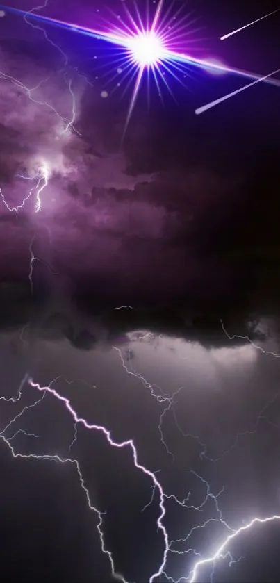 Vivid lightning illuminates a dark, stormy night sky with a purple glow.