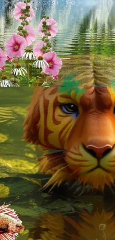 Vivid tiger submerged in water with pink flowers above.