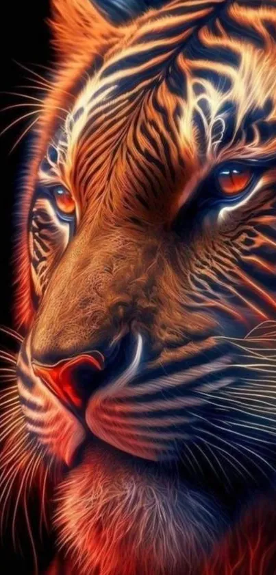 Vivid artistic depiction of a tiger with dynamic lighting and vibrant colors.