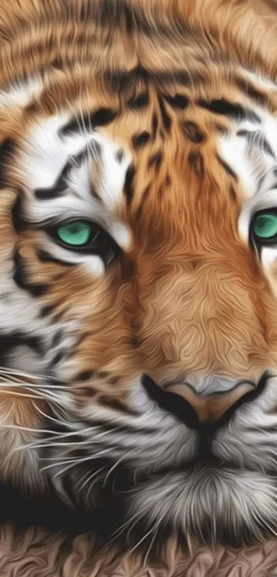 Digital tiger art with green eyes on mobile wallpaper.