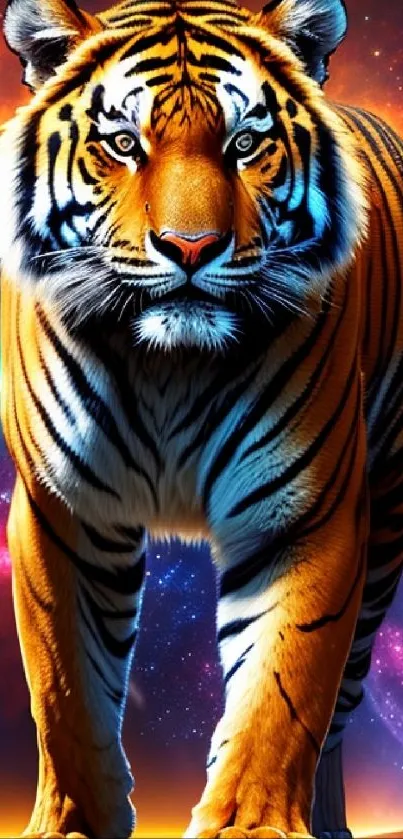 Vivid orange tiger striding through a cosmic galaxy background.