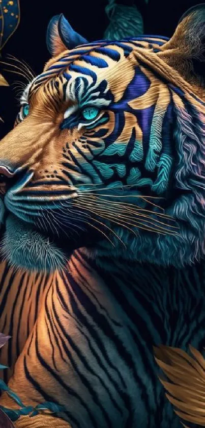 Vivid tiger with intricate jungle background in vibrant colors.