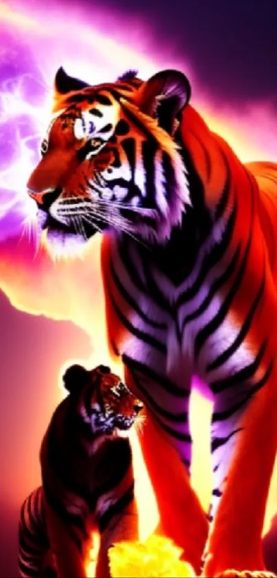 Vivid tiger with lightning backdrop on vibrant mobile wallpaper.