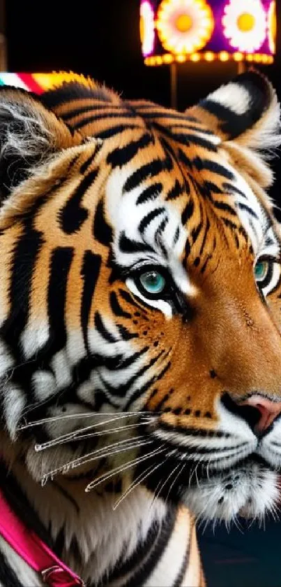 Close-up of a vibrant tiger with teal eyes on phone wallpaper.