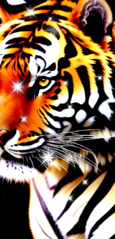 Dynamic tiger wallpaper with vivid orange and black stripes, evoking fierce beauty.