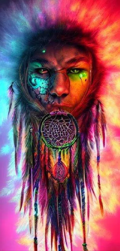 Vivid tribal dreamcatcher with neon colors and feathers.