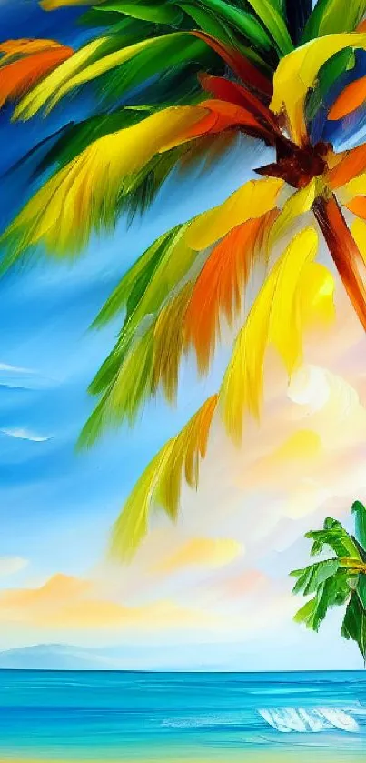 Colorful tropical beach painting with palm trees and ocean waves.