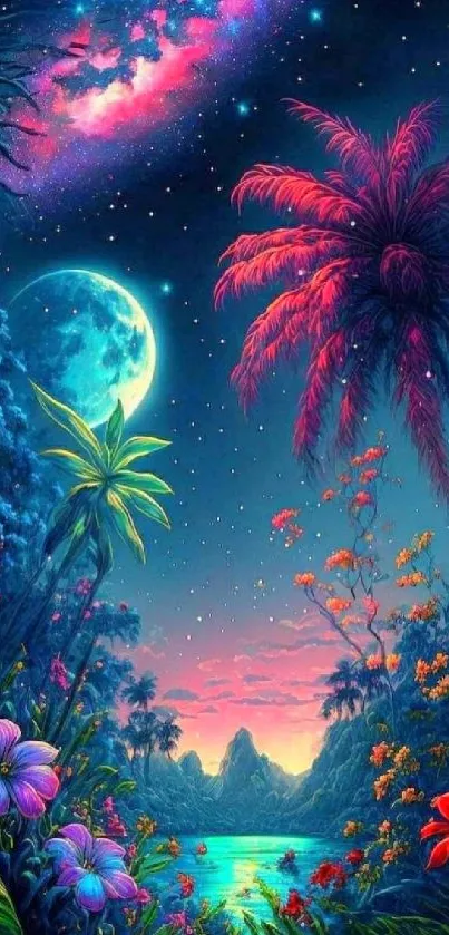 Vivid tropical landscape with cosmic night sky and colorful foliage.