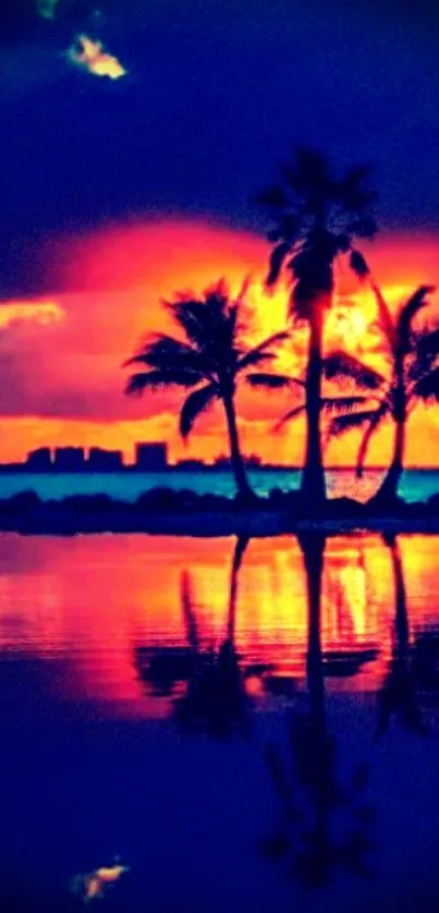 Tropical sunset with palm trees reflected on water.