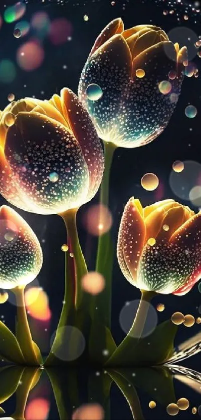 Glowing tulips with bokeh in dark ambiance.