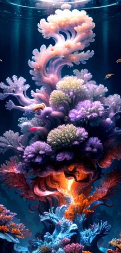 Colorful coral reef under ocean water with marine light rays.