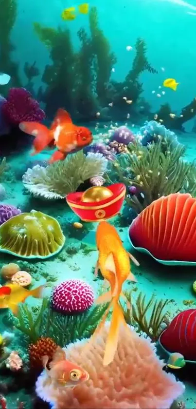 Colorful underwater coral reef with vibrant fish.