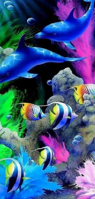 Bright blue dolphins with vivid fish underwater wallpaper.