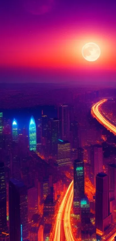 Vibrant city skyline at sunset with neon lights and full moon.