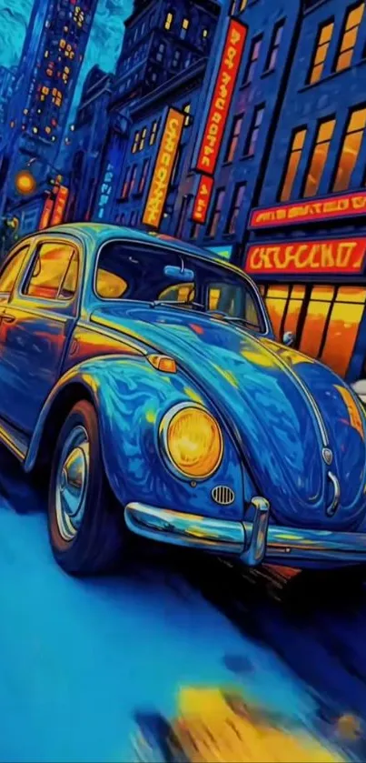 Vintage blue car on neon-lit city street wallpaper.