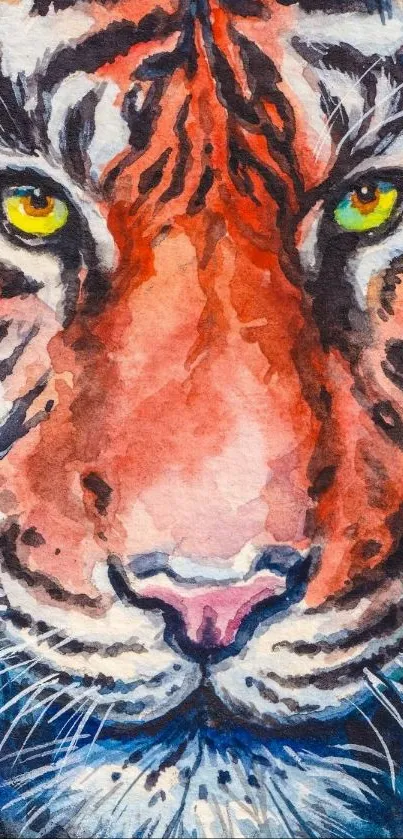 Vibrant watercolor tiger face art with bold, striking colors.