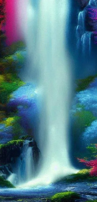 Vibrant fantasy waterfall with colorful trees and vivid scenery.