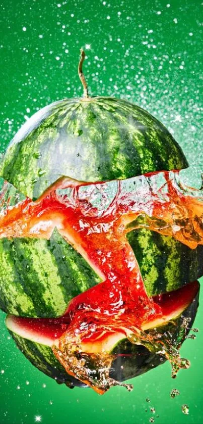 Explosive watermelon splash on a vibrant green background.